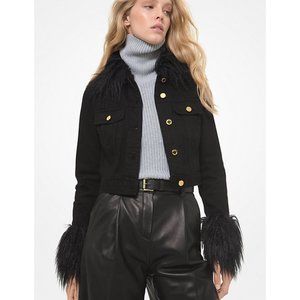 MICHAEL Michael Kors Faux Fur Trim Cropped Denim Jacket